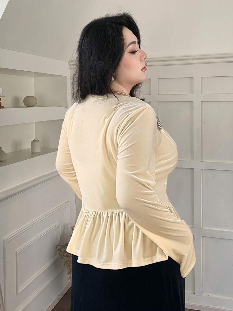 Dazy Plus Valentine Velvet Oblique Collar Rhinestone Decor Fitted Elegant Pullover Long Sleeve Blouse