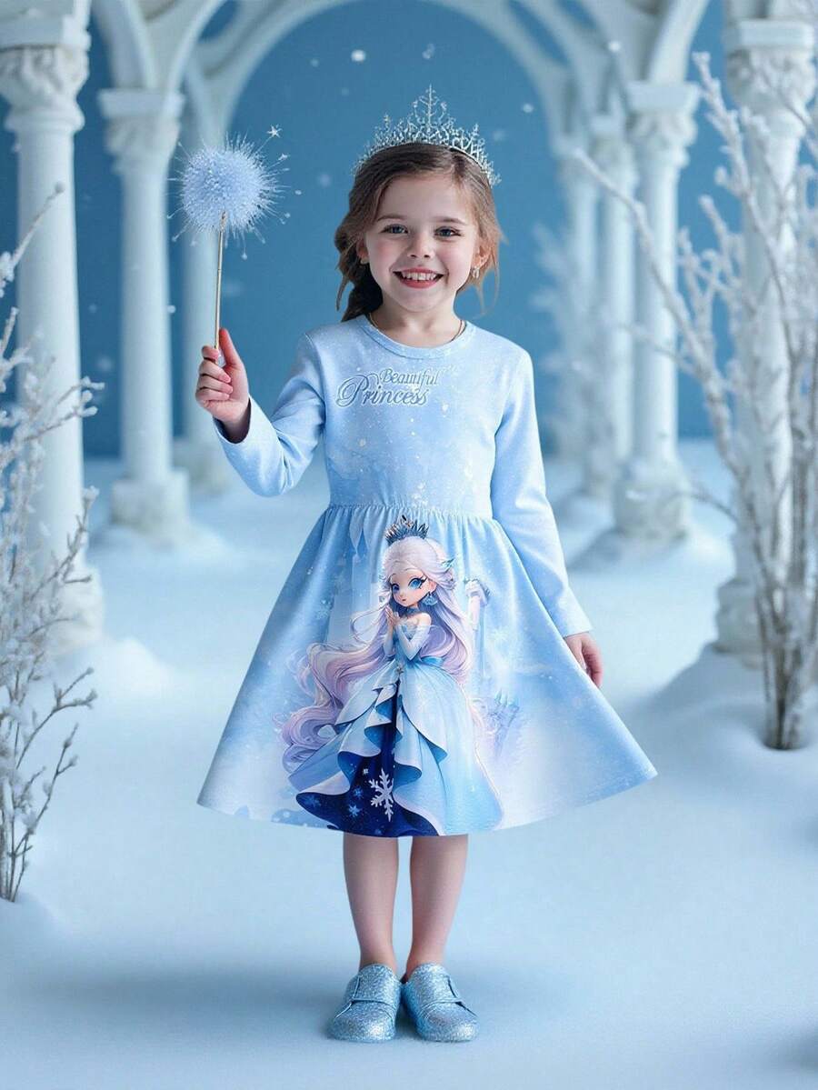 Princess Pattern Blue Round Neck Long Sleeve Dress, Fashionable And Cute, Casual And Elegant, Suitable For Various Occasions - Multicolor - View 1