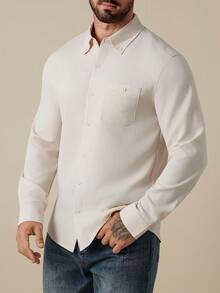 Manfinity Nomadique Men's Long Sleeve Embroidered Pocket Casual Commuter Shirt,Light Beige,Autumn,Hiking,Western Cowboy Tops,Cream Nude Old Money Style,Outdoor Travel - Apricot - View 3