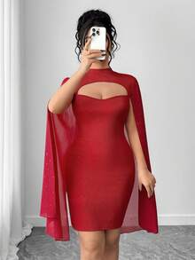 Elenzga Plus Size Women's Heavily Embellished Sexy Chiffon Patchwork Bodycon Dress - Red - View 4