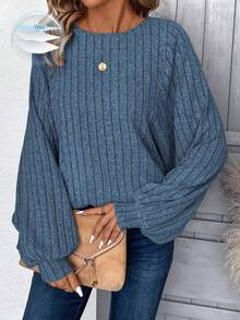 EMERY ROSE Plus Size Women's Solid Color Round Neck Casual Ribbed Long Sleeve Sweatshirt/Winter - Baby Blue - View 3