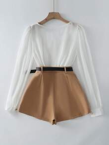 Franclia 2pcs Women's Elegant Romantic Set, White Chiffon Blouse + Khaki High-Waisted Shorts, Metal Buttons, Contrast Puff Sleeve Pleated Shirt Dress Pants With Belt Decor Set, Loose Collar Blouse, Versatile, Suitable For Commute, Daily Wear, Winter, Spring, Autumn, Meetings, Business Negotiations, Office, Dates, Galas, Graduations, Urban Teacher Uniforms, Christmas & New Year Outfits, Casual Gatherings, Travel, Polished, Elegant, Minimalist, All-Season Puff Sleeve Blouse Elegant Blouses Two Piece Set Women Elegant 2 Piece Short Sets Woman Lantern Sleeve Blouse Puffed Sleeve Blouse Elegant Two Piece Set Short Sets For Women Square Neck Blouse White Blouse Beige Shorts Two Piece Short Set - Multicolor - View 2