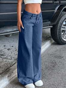 SHEIN Tall Damjeans med vida ben och låg midja i enfärgade, minimalistiska färger - Mediumtvätt - Visa 4