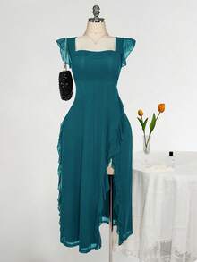 SHEIN ICON Váy ôm cổ vuông viền bèo nhún cỡ lớn, thích hợp cho đám cưới, tiệc tùng, khách dự tiệc, trang phục mùa xuân lãng mạn - Màu xanh ngọc - Xem 7