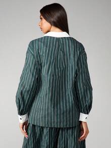 MISSGUIDED قميص عمل محترف بأكمام طويلة مخطط مع ياقة وأساور بيضاء متباينة وأزرار أمامية - متعدد الألوان - مشاهدة 2