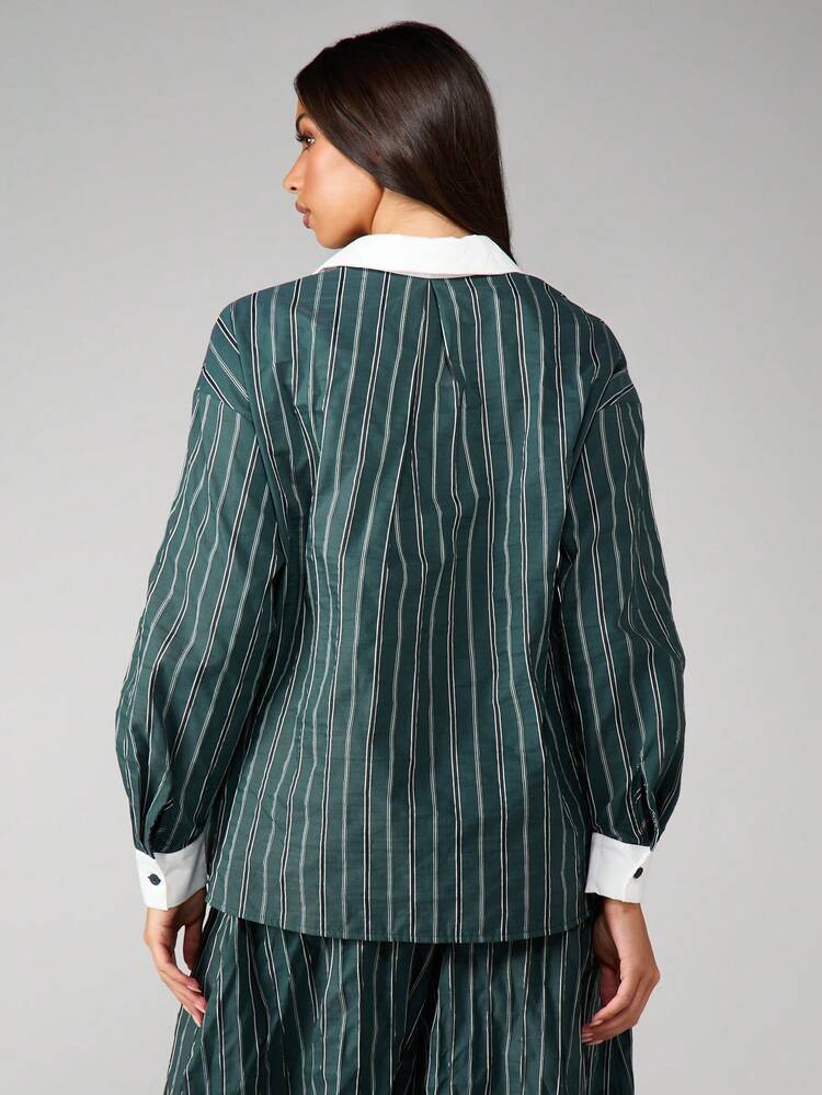 MISSGUIDED Striped Long Sleeve Collared Blouse With Contrast White Collar And Cuffs Button Front Professional Work Shirt