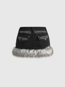 ROMWE Grunge Punk Minifalda de mezclilla con cintura súper baja y peluda estilo Y2K para mujeres - Negro - Ver 2