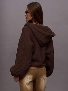 MUSERA 厚实宽松绞花针织连帽拉链毛衣，冬日夜晚外出街头风，可爱返校性感无袖晚宴派对优雅冬春装 - 巧克力棕 - 查看 4