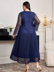 Modelyn Plus Size Women Asymmetric Neck Floral Lace Ruffle Elegant Dress - Navy Blue - View 2