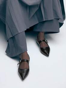 Mnmlis New Autumn Mary Jane Flats With Pointed Toe And Buckle Strap - Black - View 6