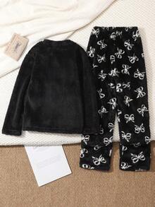 Girls Elegant Butterfly Embroidery Long Sleeve Top And Butterfly Velvet Pants Set, Casual Loungewear For Autumn/Winter - Black - View 2