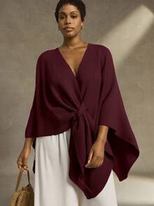 Linhara Plus Size Women Solid Color Knitted Poncho With Tie, Minimalist Elegant Cardigan For Autumn - Burgundy - View 8
