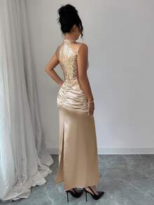 Siren Gaze Robe sans manches pour femmes avec décoration de sequins, robe d'hiver à la mode pour femmes, robe de Noël avec sequins, robe dorée à sequins, robe scintillante, robe brillante, robe pailletée, robe pour le Nouvel An, robe de soirée - Champagne - Voir 3