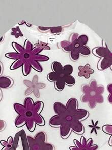 SHEIN Leap Crew 2pcs Tween Girl Casual Autumn Floral Print Sweatshirt And Leggings Set, Purple, Suitable For Autumn/Winter Girl Winter Clothes Teen Girls Sets Sweat Sets Tweens Comfy Kids Purple Outfit Tween Girl Purple Outfit Tween Leggings Set - Multicolor - View 5