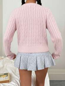 少女皇家蓝休闲纯色圆领长袖宽松短款开衫毛衣，保暖舒适，时尚百搭，适合日常通勤，秋冬季穿着 - 粉色 - 查看 2