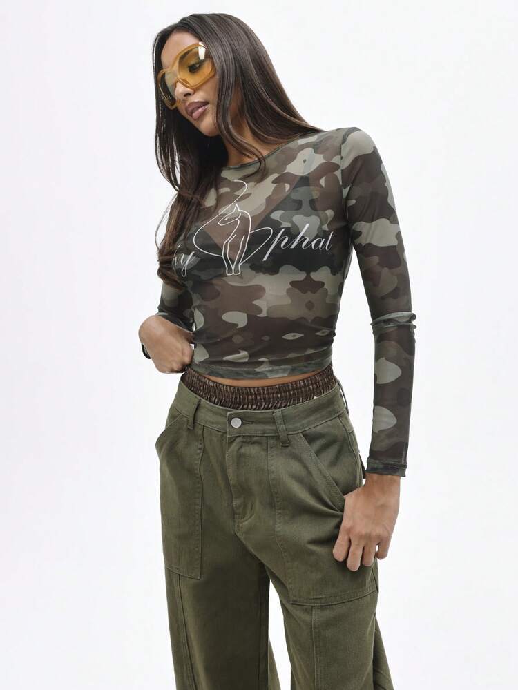 BABYPHAT Top corto de manga larga con estampado de camuflaje y logo, cuello de tripulación ajustado, de tela de malla con patrón militar