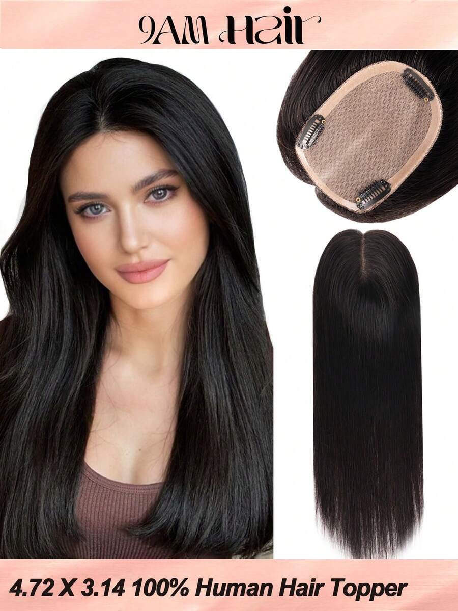 3.1*4.7英寸女士假发片,100%真人发丝,NC自然黑,适合有脱发或头发稀疏的人士,贴合头皮,蕾丝假发片,夹式接发,花朵发夹 - SNatural Black - 查看 1