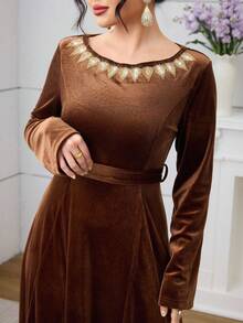 Al Najma Autumn/Winter Rhinestone Collar Long Sleeve Elegant Party & Outing Women's Arabic Dress - Coffee Brown - View 5