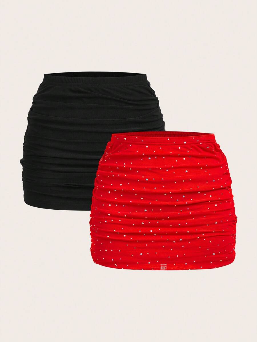 SHEIN EZwear Váy lưới sequin đen + đỏ nhiều mảnh cho nữ - Nhiều màu - Xem 1