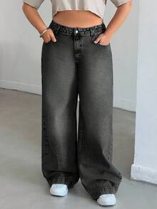 SHEIN Cottnline WOMEN HIGH WAISTWIDELEG CUTLINE PLUS SIZE JEAN - Dark Grey - View 3