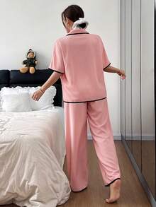 SHEIN Contrast Trim Lapel Casual Loose Short Sleeve Pajama Set - Coral Pink - View 2