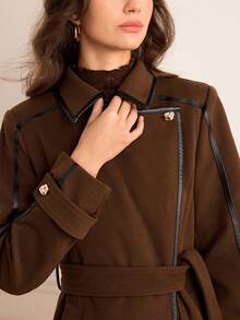 Lilora 女士翻领长袖系带优雅通勤长款外套棕色风衣女士风衣外套女士长款棕色外套冬季女士优雅长款羊毛和PU拼接外套，非常适合圣诞节。 - 棕色 - 查看 6