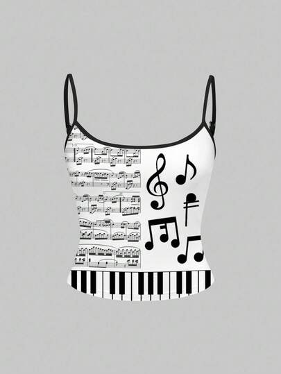 Grunge Punk Canotta vintage con stampa di note di pianoforte, top smanicato con scollo basso per donna, nero e bianco