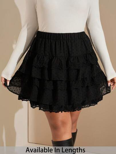 SHEIN Tall CURVE Plus Size Women's Multi-Layer Lace Skirt Skirts Black Ruffled Skirt Black Mini Skirt Layered Skirt Frilly Skirt