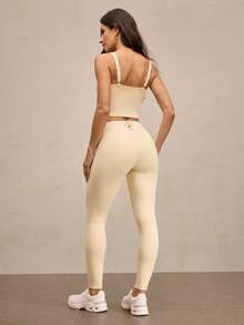 Activina Women's Solid Color Minimalist Casual Sports Set Beige Workout Set Cream Workout Set Bra And Leggings Set Tights Two Piece Set Women Buttery Soft Workout Set Ralphlauren Seksi Chic  Knitted Fabric - Beige - View 7
