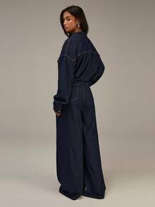 Athîral 女士落肩长袖纽扣半门襟口袋阔腿休闲牛仔连体裤 - 藍色 - 查看 3