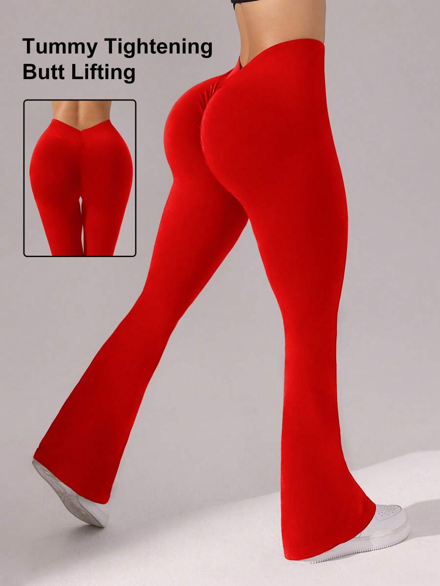 SHEIN Sports Women's Solid Color High Waist Ruched Flare Pants - Red - View 1