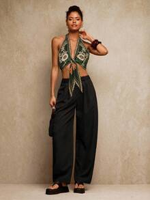 Travachic 女士印花系带露脐吊带上衣，性感度假风 - 墨綠色 - 查看 6