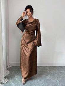 SHEIN Elenzya Đầm tay loe màu trơn thanh lịch dành cho nữ đi làm - Cà phê nâu - Xem 6
