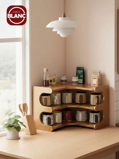 Madebyblanc 1 Piece Bamboo Corner Shelf Corner Desktop Shelf, Multi-Tier Countertop Spice Rack With Storage Shelf, Desktop Double Tier Organizer, Great For Books, Decorative And Utility Shelves For Home, Bar Or Balcony Decoration