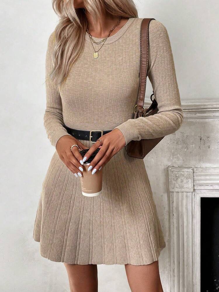 Solid Ribbed Knit Sweater Dress Without Belt Fall Winter Cloth For Women
