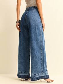 Daynim Quần jeans ống rộng cạp cao, đường may phía trước, chất liệu trơn. - Rửa trung bình - Xem 2