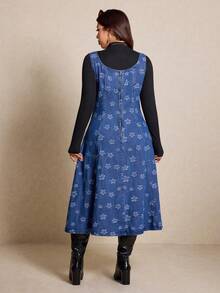 Elaquor Đầm denim cạp chun eo họa tiết hoa không tay cổ vuông thời trang cỡ lớn - Màu xanh lam - Xem 3