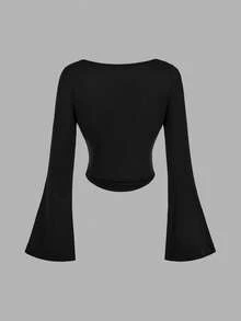 SHEIN MOD 4件套休闲纯色喇叭袖女式T恤，百搭春季单品，女士长袖上衣，情人节、派对、春夏、节日、乡村风、舞会、可爱、休闲、时尚，4件装，优雅女式上衣，百搭喇叭袖上衣，喇叭袖露脐上衣，春季女装，情人节 - 彩色 - 查看 6