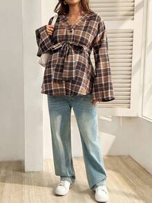 SHEIN Maternity Plaid Drop Shoulder Long Sleeve Button Design Casual Belted Shirt - Brown - View 3