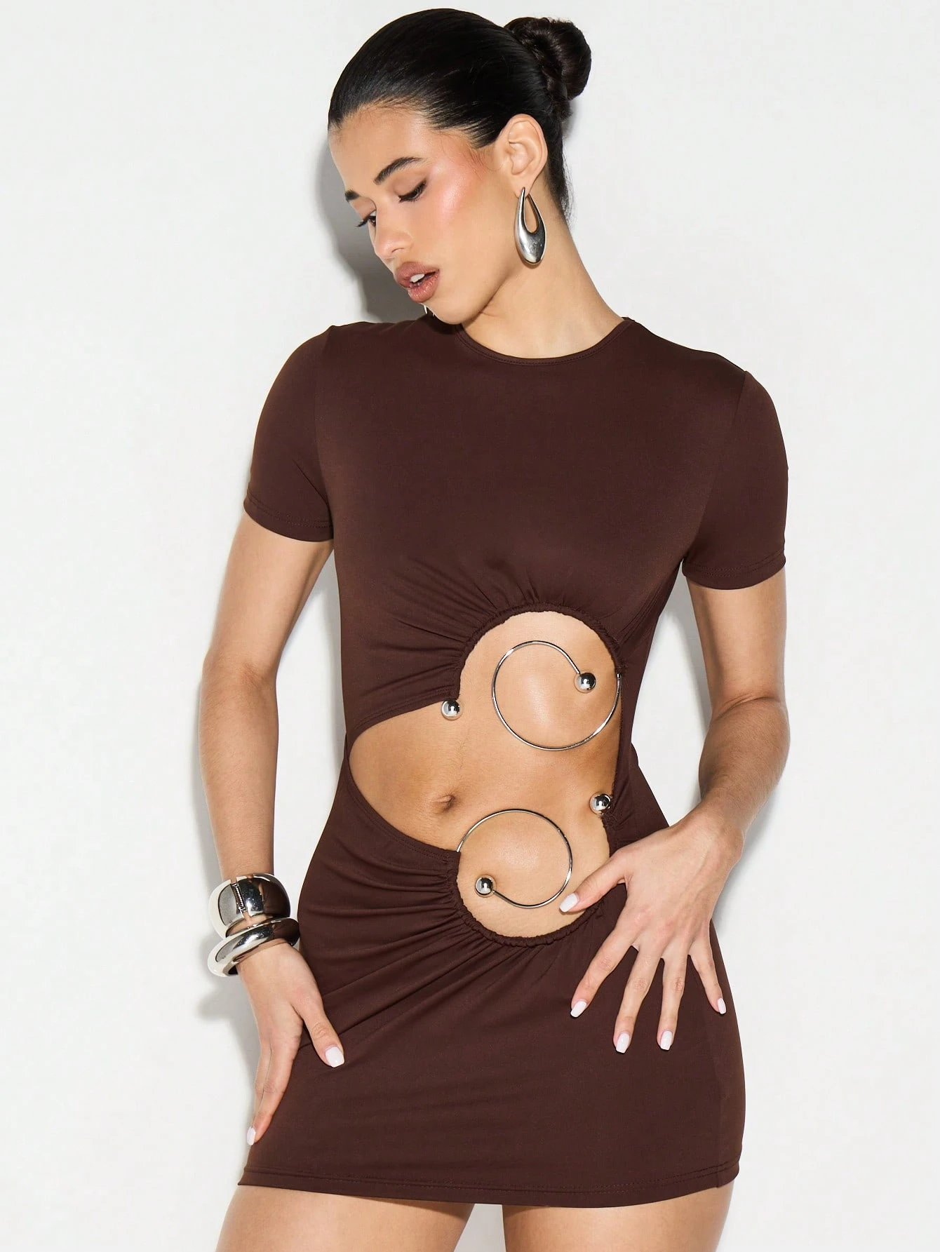 KIZN Brown Cut Out Mini Dress With Metal Rings