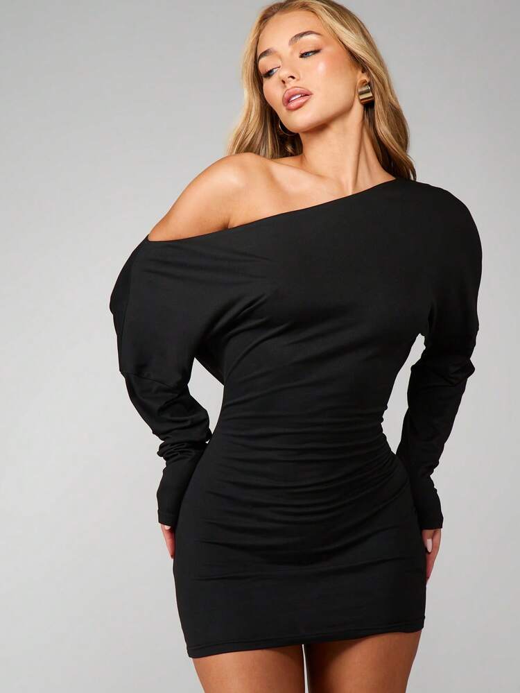 MISSGUIDED Long Sleeve Off Shoulder Ruched Bodycon Mini Dress One Shoulder Asymmetric Evening Party Fall Winter