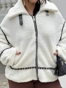 NegzBox Áo khoác Moto Teddy màu be ấm áp, giản dị & thanh lịch, mùa thu đông - Màu be - Xem 3