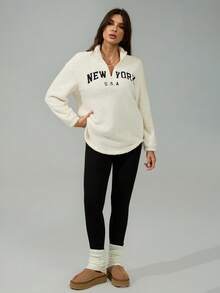 SHEIN Tall Women's New Letter Pattern Stand Collar Double-Sided Fleece Sweatshirt And Tight Fleece Leggings Set, Autumn/Winter - Black and White - View 3