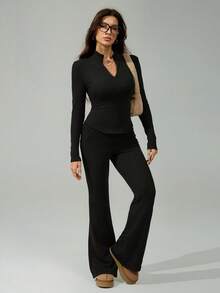 SHEIN Tall 女士秋冬街头休闲运动风基本款极简针织保暖/御寒/保暖四分之一拉链法式灰修身长袖高领T恤和喇叭裤两件套，带抓绒内衬 - 黑色 - 查看 8