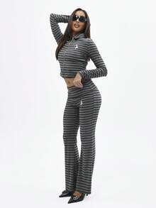 BABYPHAT 翻折腰带条纹罗纹高腰喇叭裤，适合秋冬季休闲穿着 - 深灰色 - 查看 1