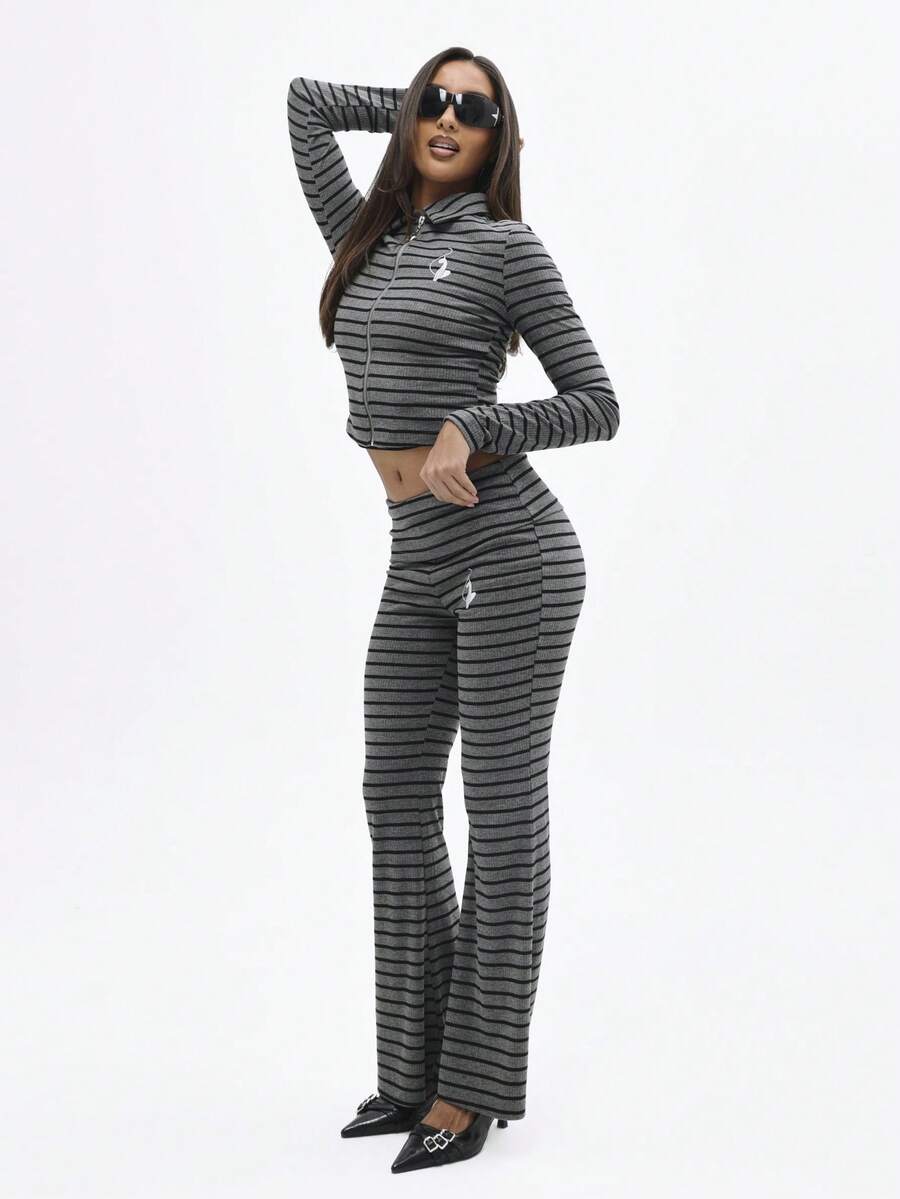 BABYPHAT 翻折腰带条纹罗纹高腰喇叭裤，适合秋冬季休闲穿着 - 深灰色 - 查看 1