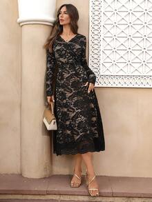 EMERY ROSE Elegancka damska sukienka midi z koronką i dekoltem w serek i długim rękawem