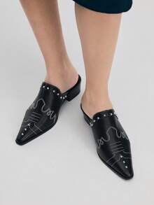 Mnmlis Sepatu Mules Hak Tinggi Ujung Lancip Berhiaskan Stud untuk Wanita, Cocok untuk Natal. - Hitam - View 11