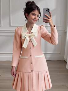 SHEIN Explorewe 优雅学院风褶皱领长袖连衣裙，适合青少年女孩，可用于上学、通勤、外出、聚会、购物等场合，可搭配夹克、外套、羽绒服。 - 粉色 - 查看 8