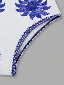 Swim Oasis Women's Floral Print Ruffled Sleeve One Piece Swimsuit With Coverup Skirt, Suitable For Spring/Summer Vacation - Blue and White - View 11